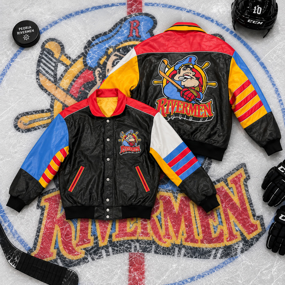 Jeff Hamilton Peoria Rivermen Reversible Leather Satin Jacket M 90’s Hockey VTG
